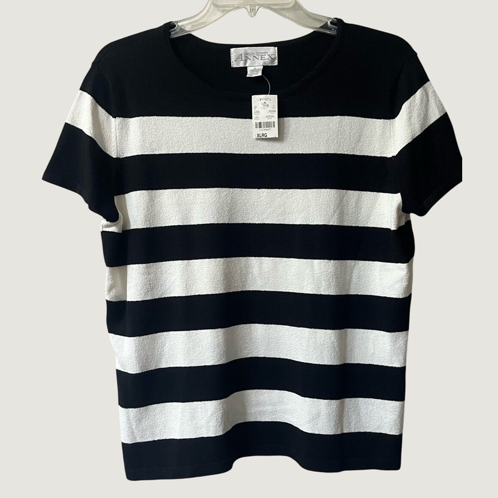 Casual Corner Annex NWT XL Black Ivory Striped Knit Short Sleeve Top Textured